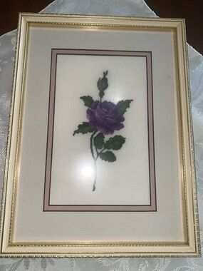 Framed petit point Purple Rose Cross-Stitch Wall Art